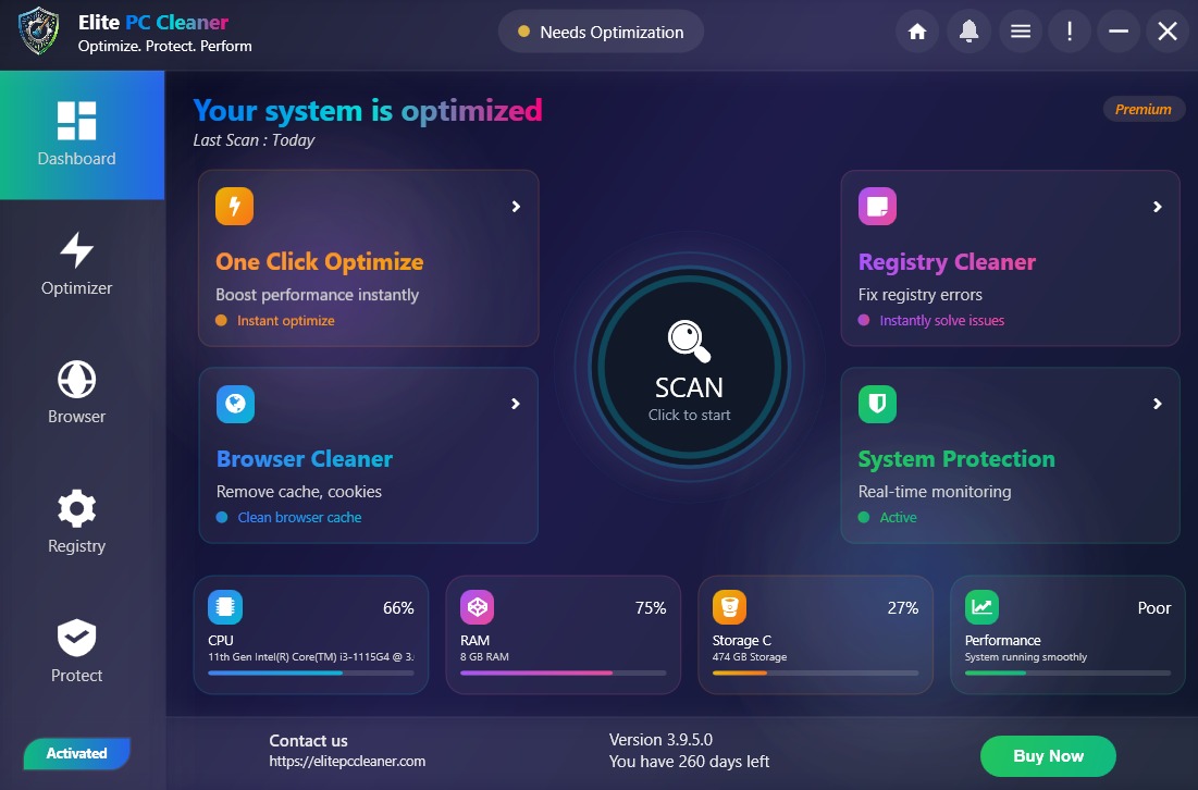 Clean my PC and fix my PC with Elite PC Cleaner Windows dashboard